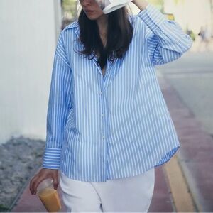 Zara Shirt Womens Small Blue White Stripe V Neck Poplin Button Up Long Sleeve